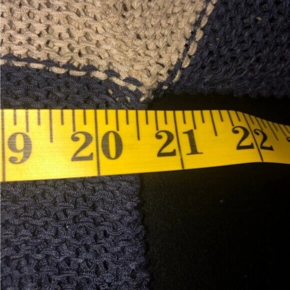 Onetheland Tunic Sweater L Wine Tan Blue Blocks Stripe  Fringe Bottom Knit - Picture 3 of 11